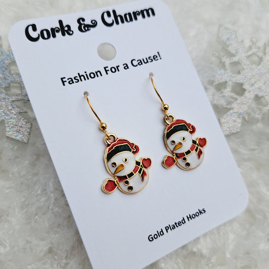 Red Green White Snowman Enamel Gold Earrings