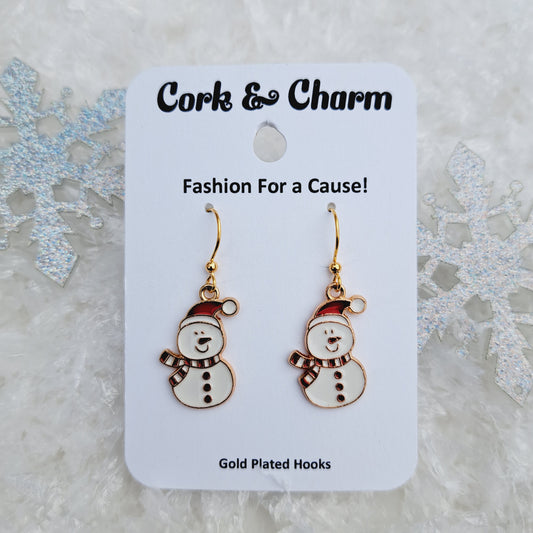 Red White Snowman Enamel Gold Earrings