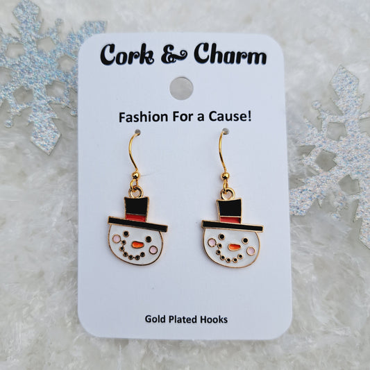 Top Hat Snowman Head Enamel Gold Earrings