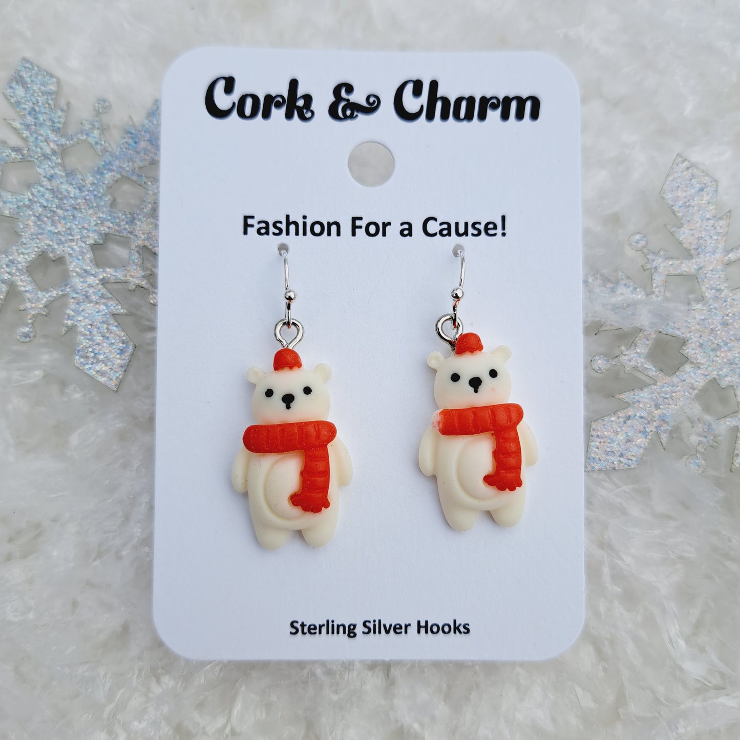 Polar Bear Red Hat Scarf Sterling Silver Earrings