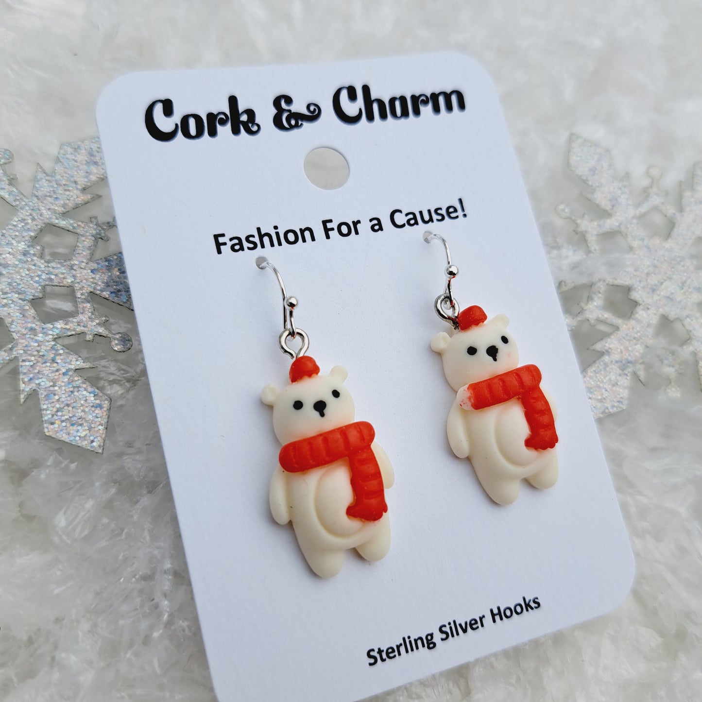 Polar Bear Red Hat Scarf Sterling Silver Earrings