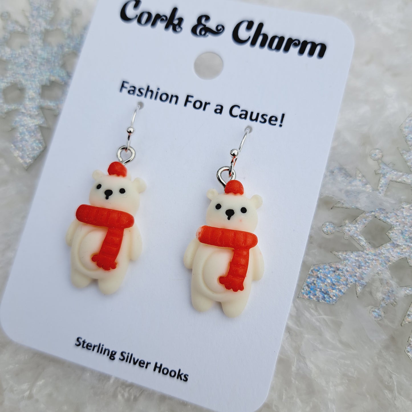 Polar Bear Red Hat Scarf Sterling Silver Earrings