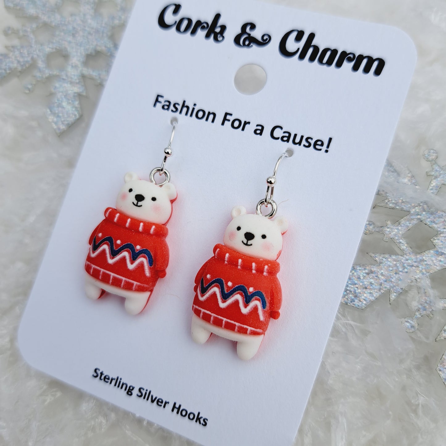 Polar Bear Red Sweater Sterling Silver Earrings