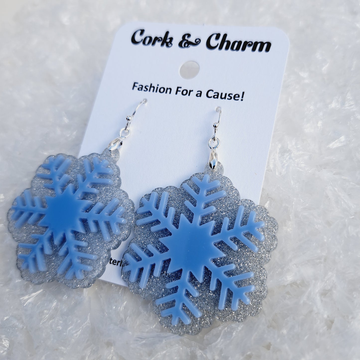 Blue Snowflake Acrylic Sterling Silver Earrings