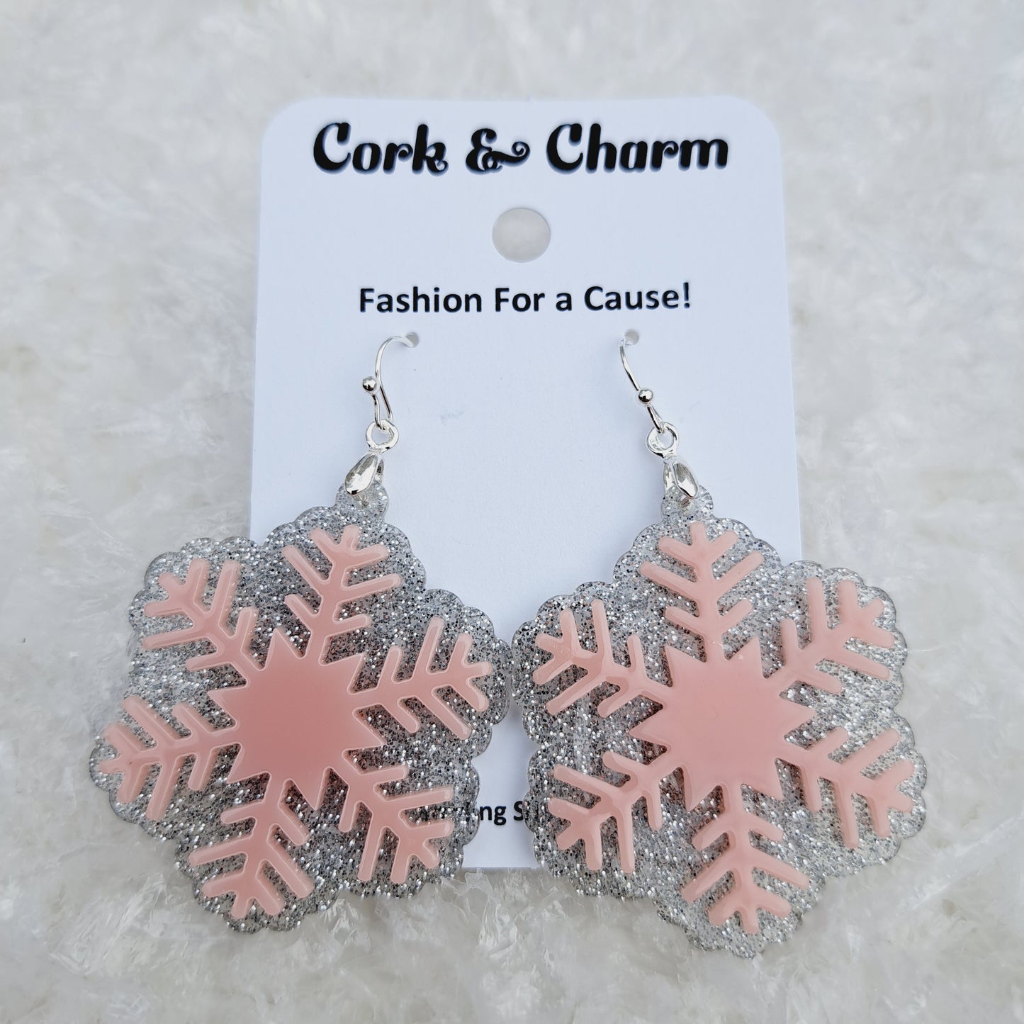 Pink Snowflake Acrylic Sterling Silver Earrings