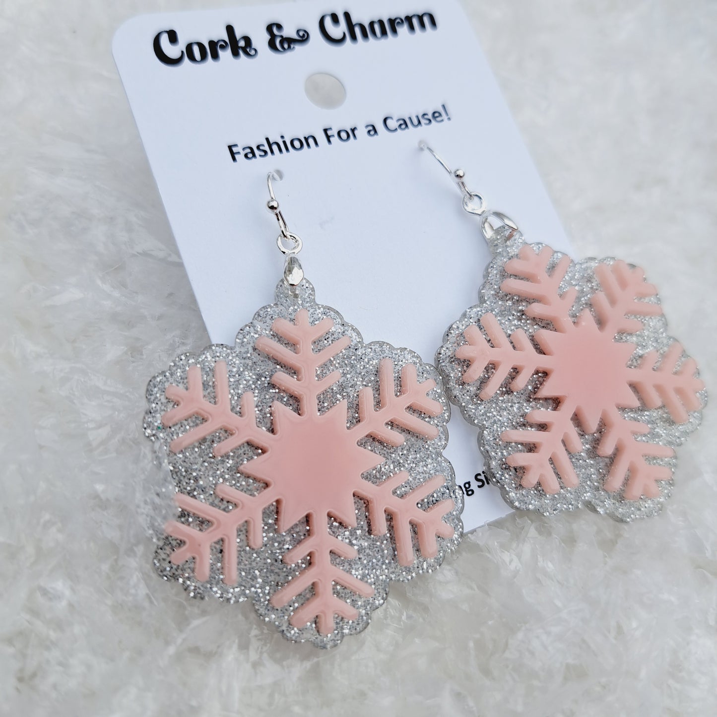 Pink Snowflake Acrylic Sterling Silver Earrings