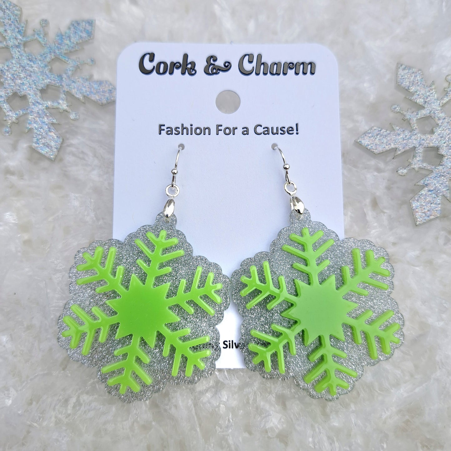 Green Snowflake Acrylic Sterling Silver Earrings