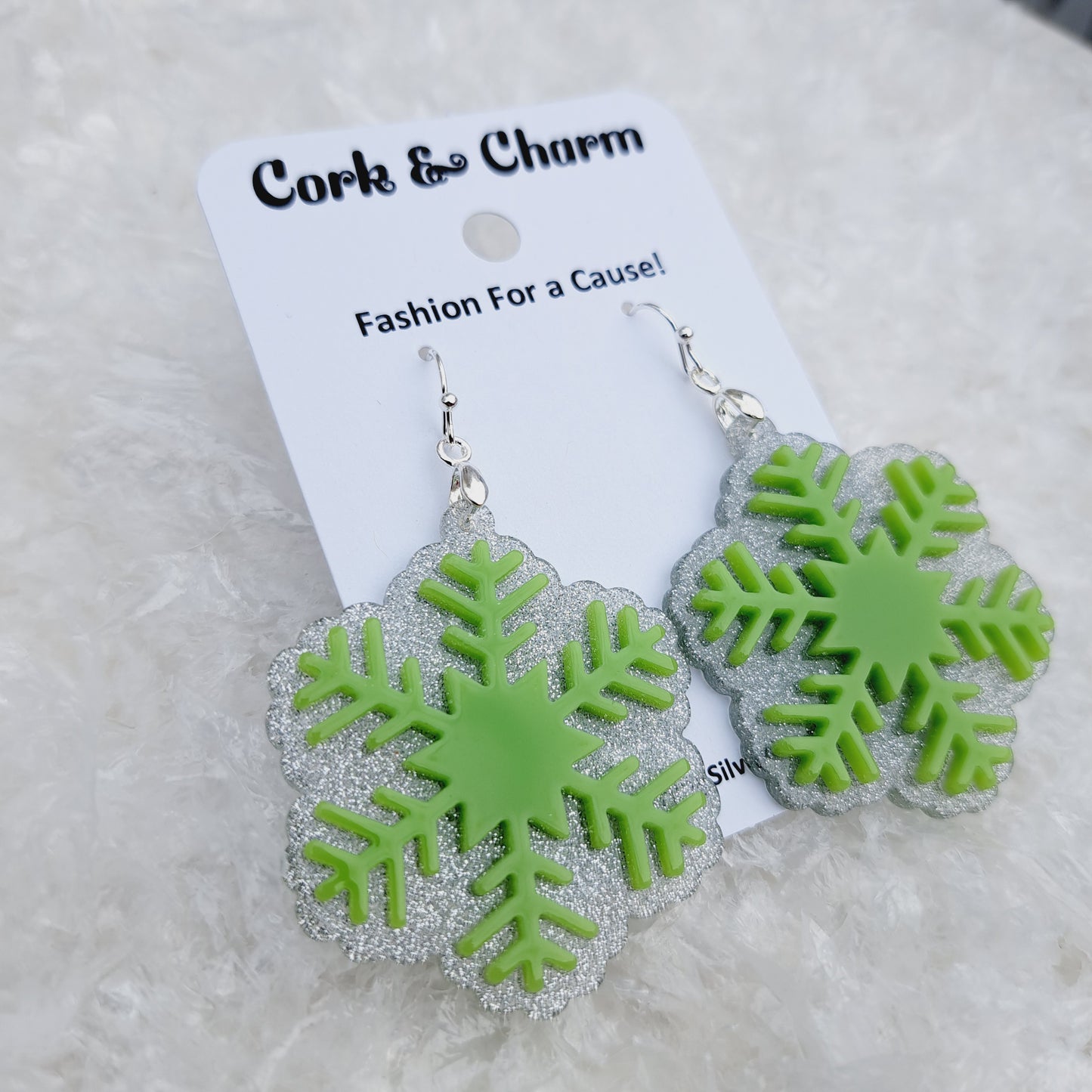 Green Snowflake Acrylic Sterling Silver Earrings