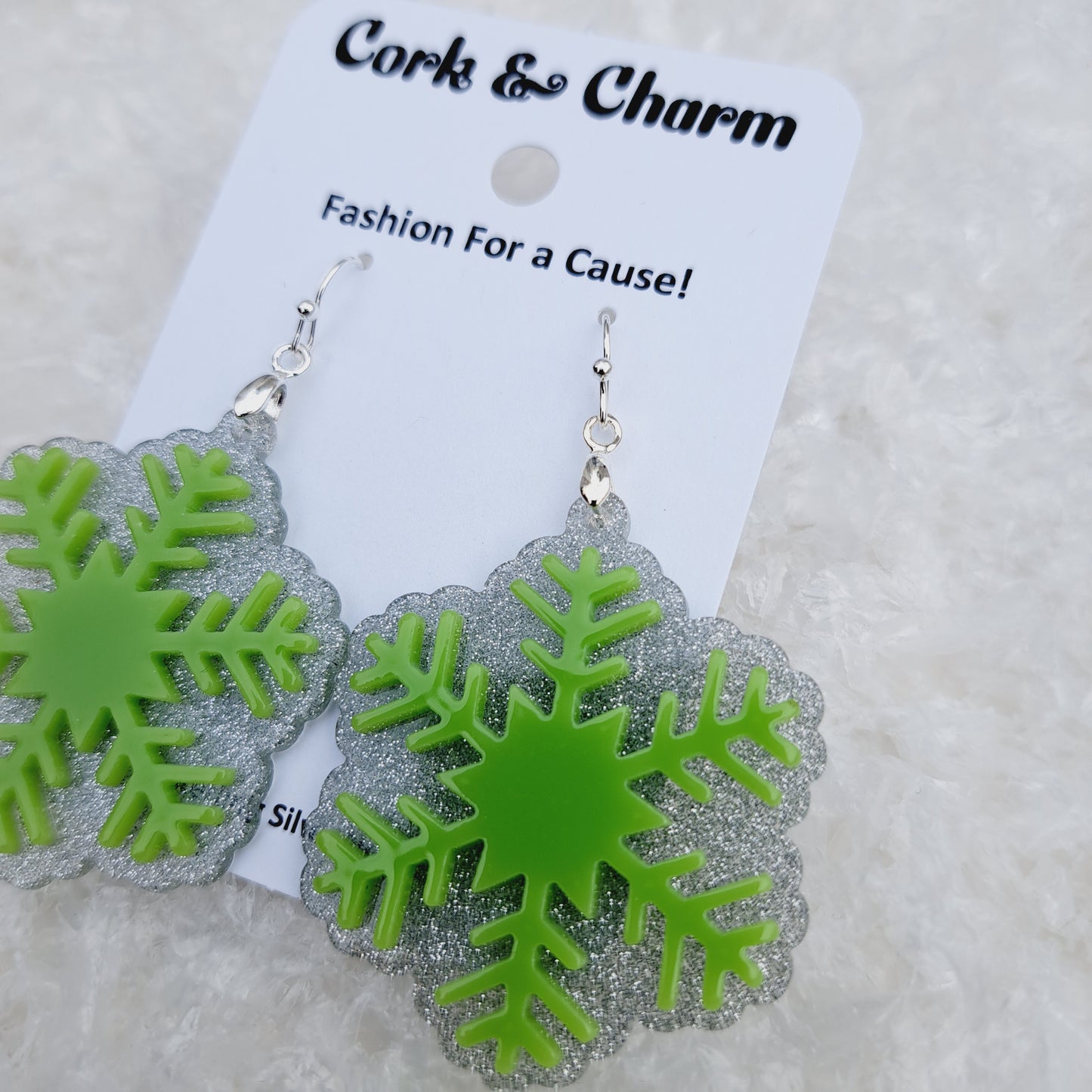 Green Snowflake Acrylic Sterling Silver Earrings