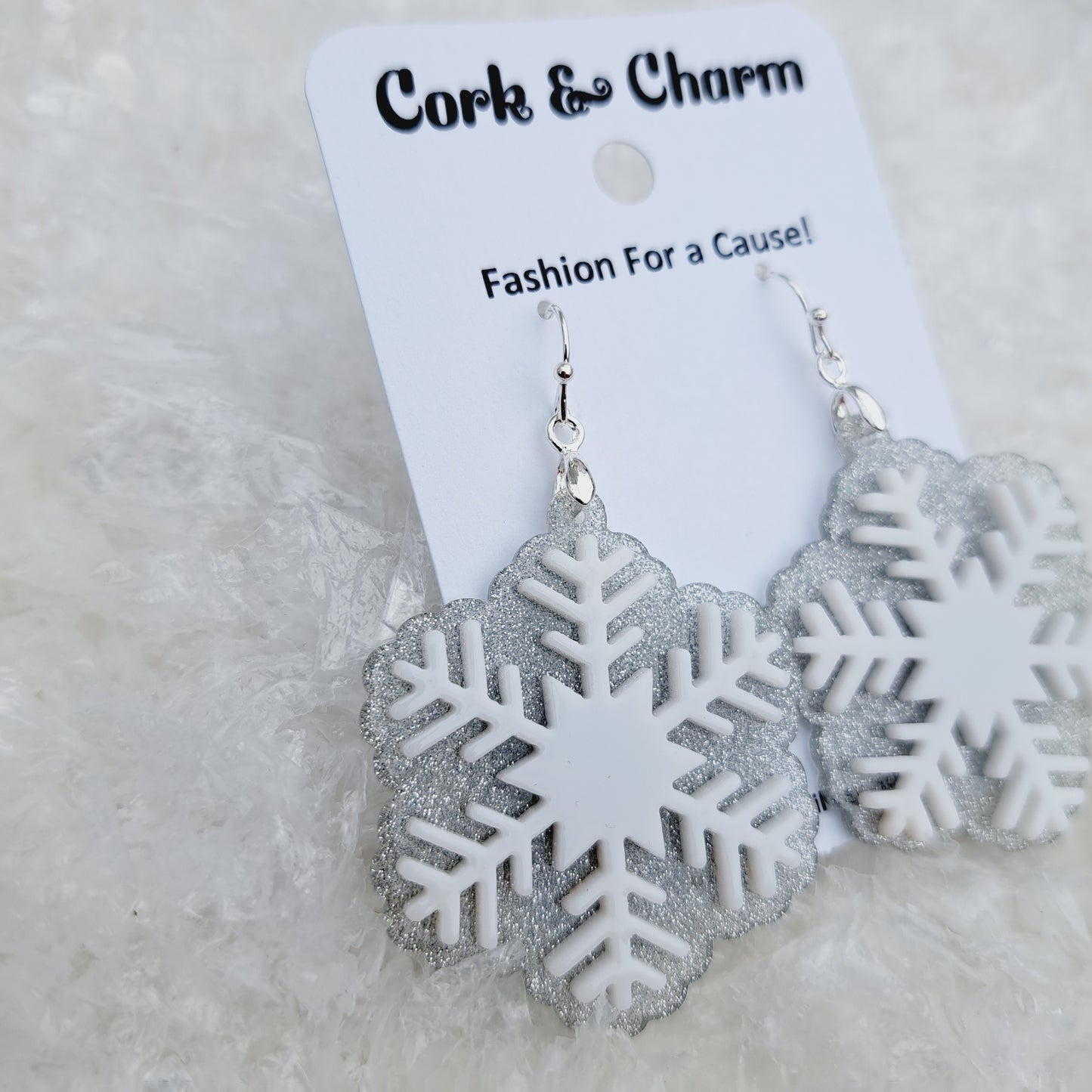 White Snowflake Acrylic Sterling Silver Earrings