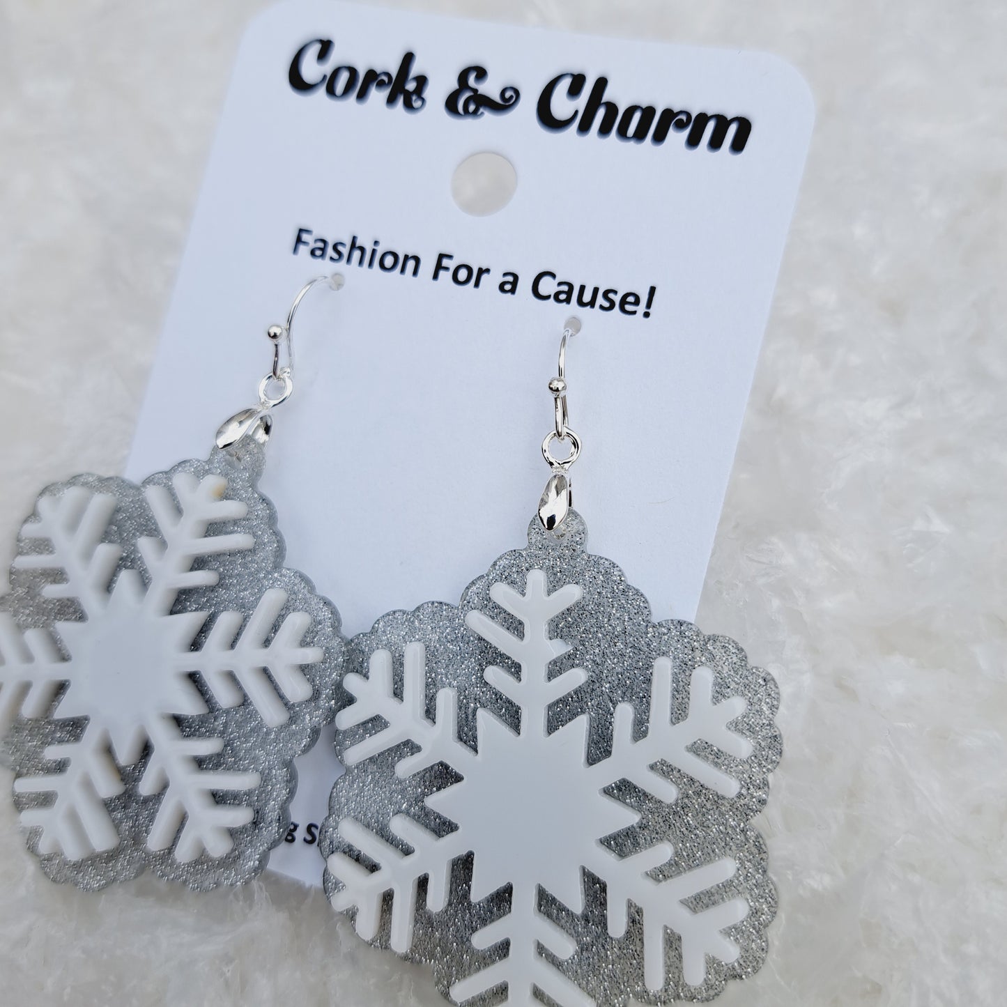 White Snowflake Acrylic Sterling Silver Earrings