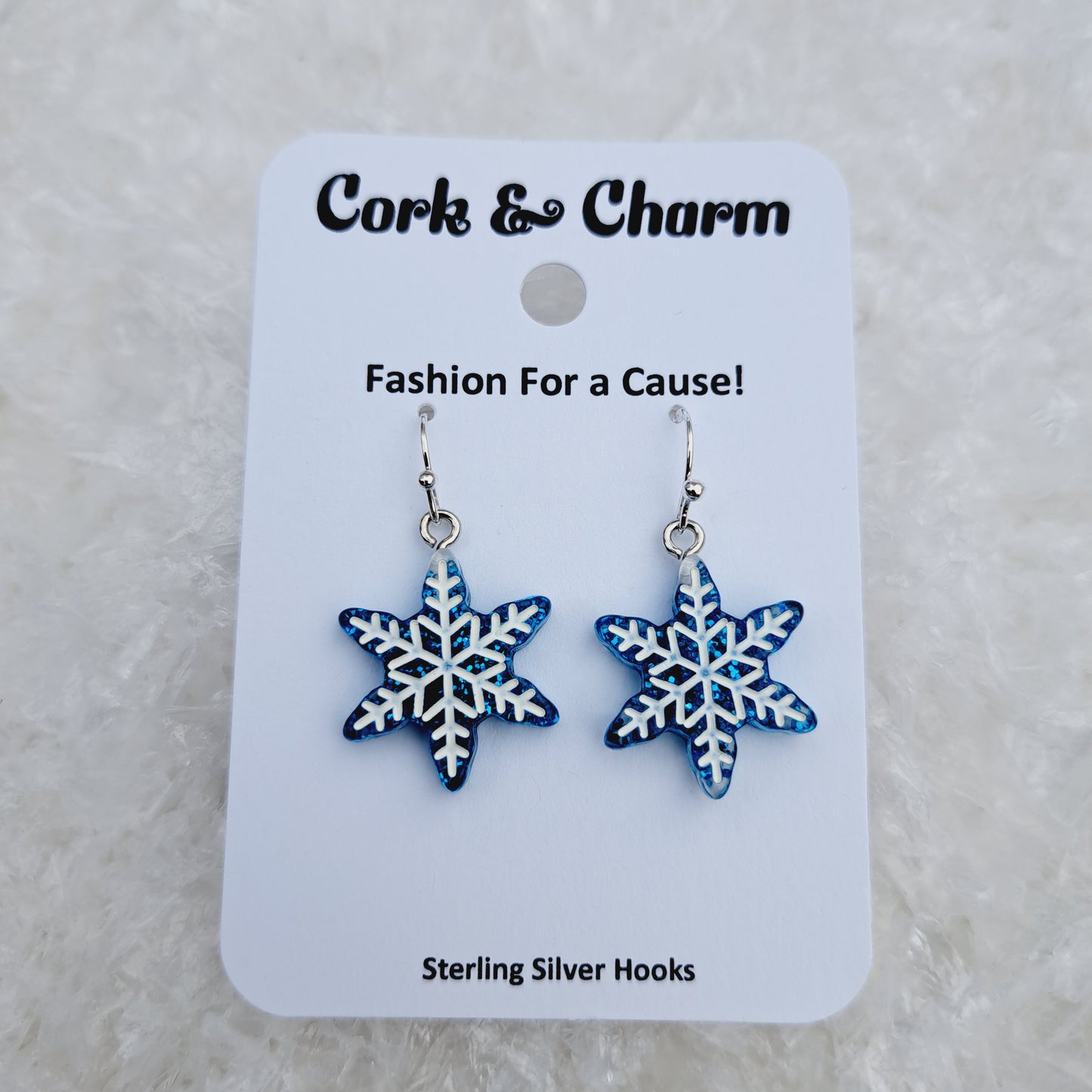 Blue and White Snowflake Resin Sterling Silver Earrings