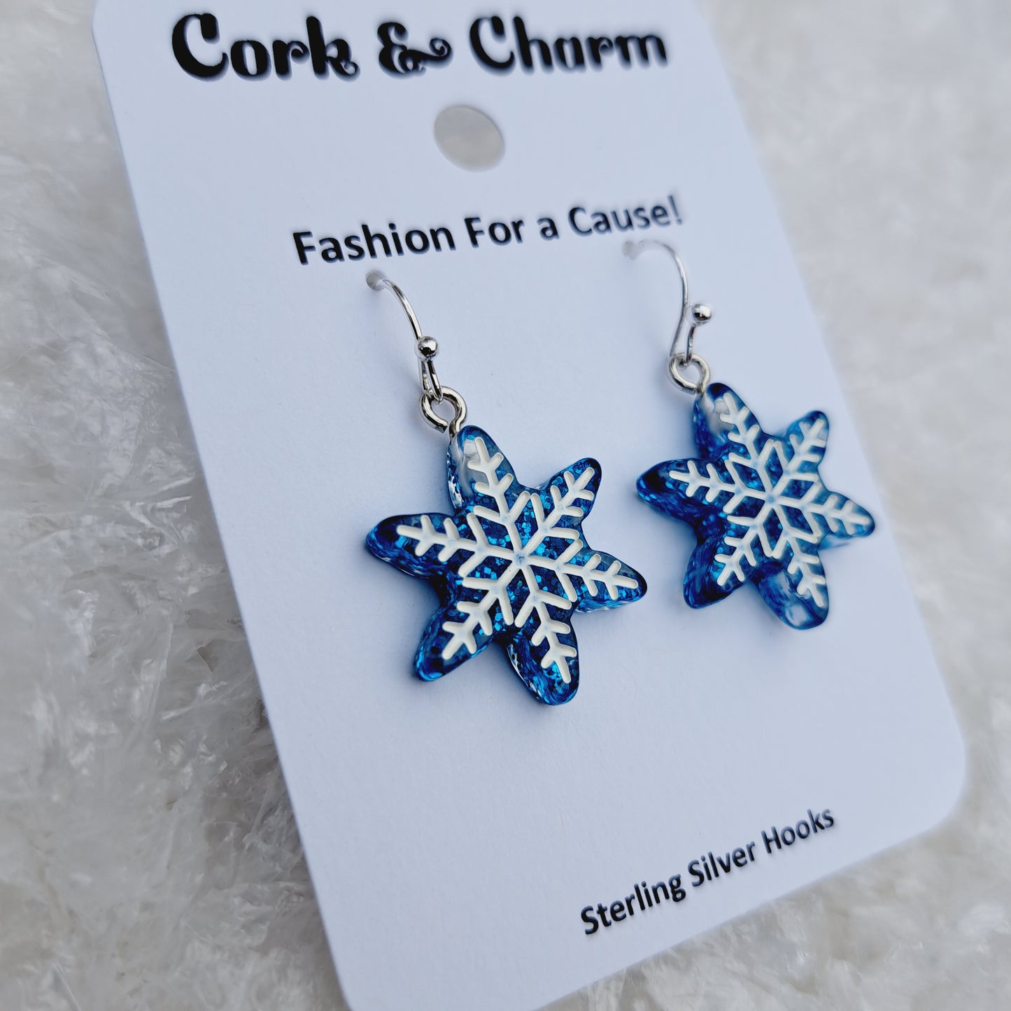 Blue and White Snowflake Resin Sterling Silver Earrings