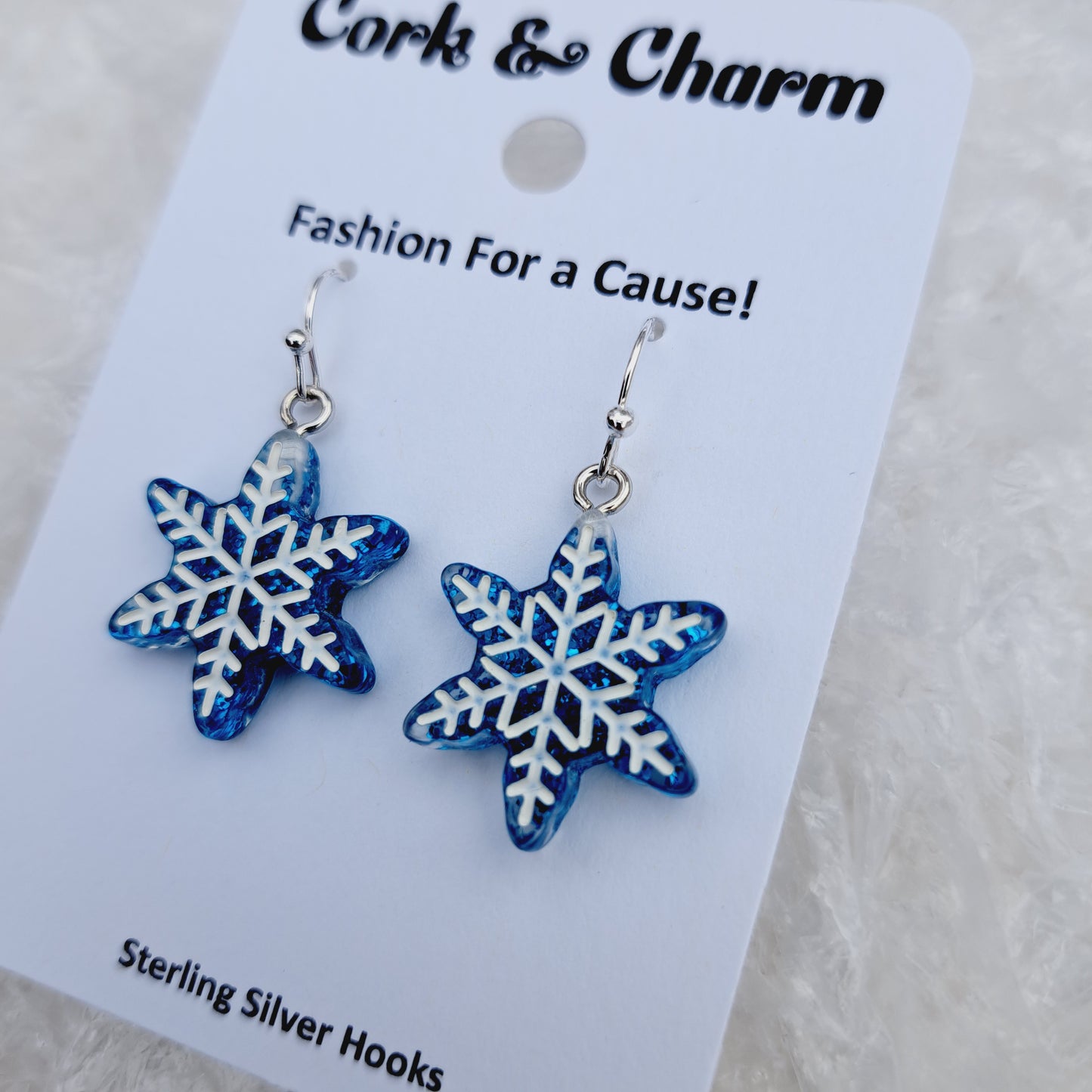 Blue and White Snowflake Resin Sterling Silver Earrings