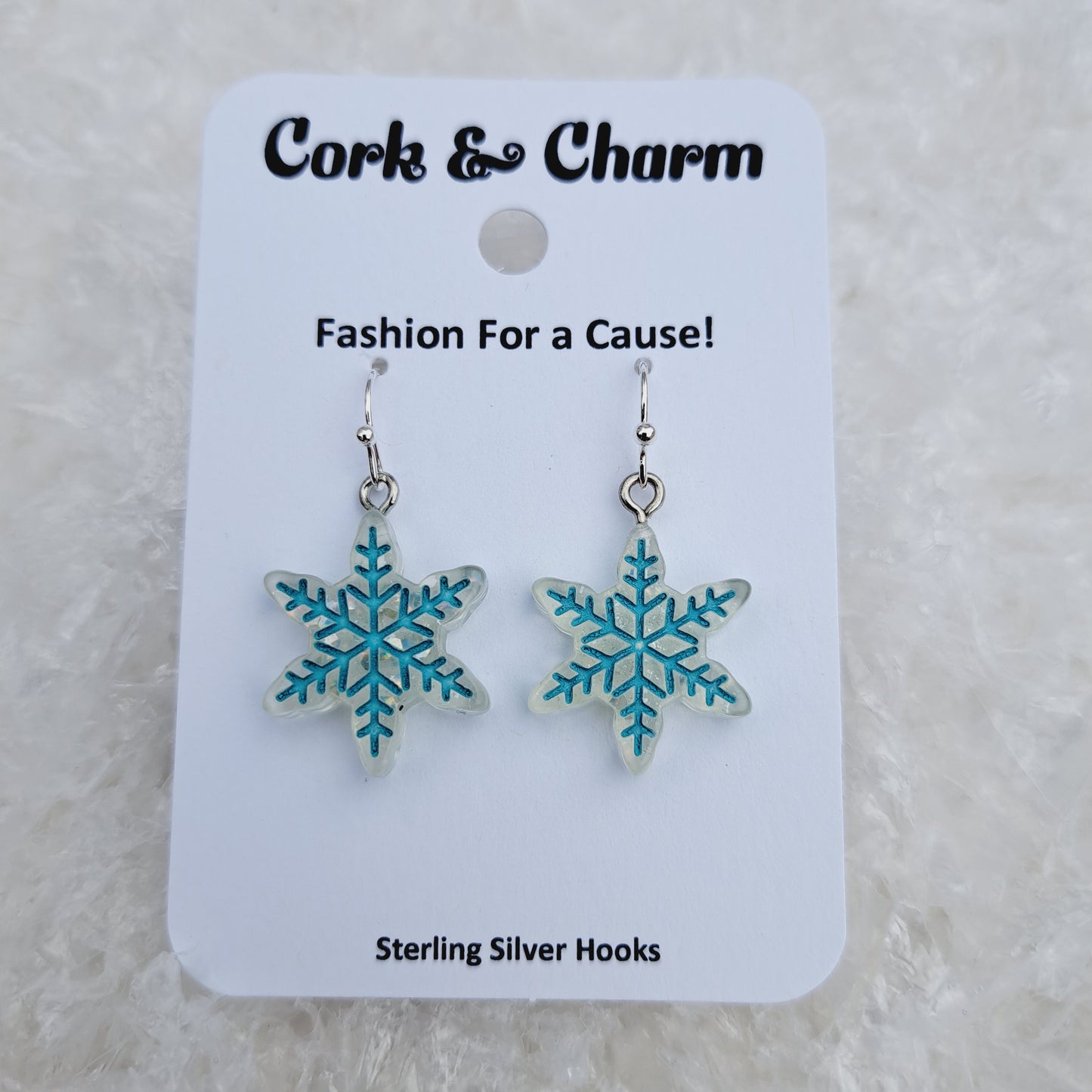 Teal and White Snowflake Resin Sterling Silver Earrings