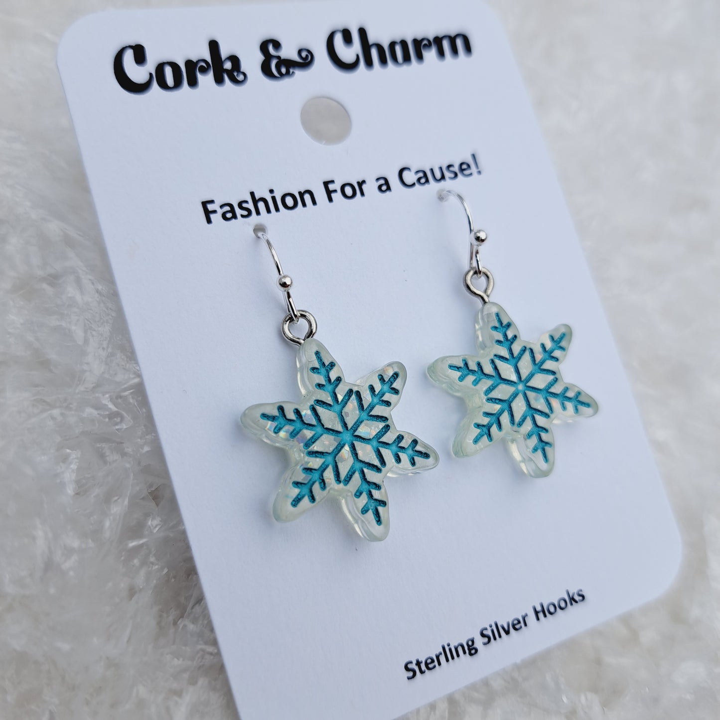 Teal and White Snowflake Resin Sterling Silver Earrings