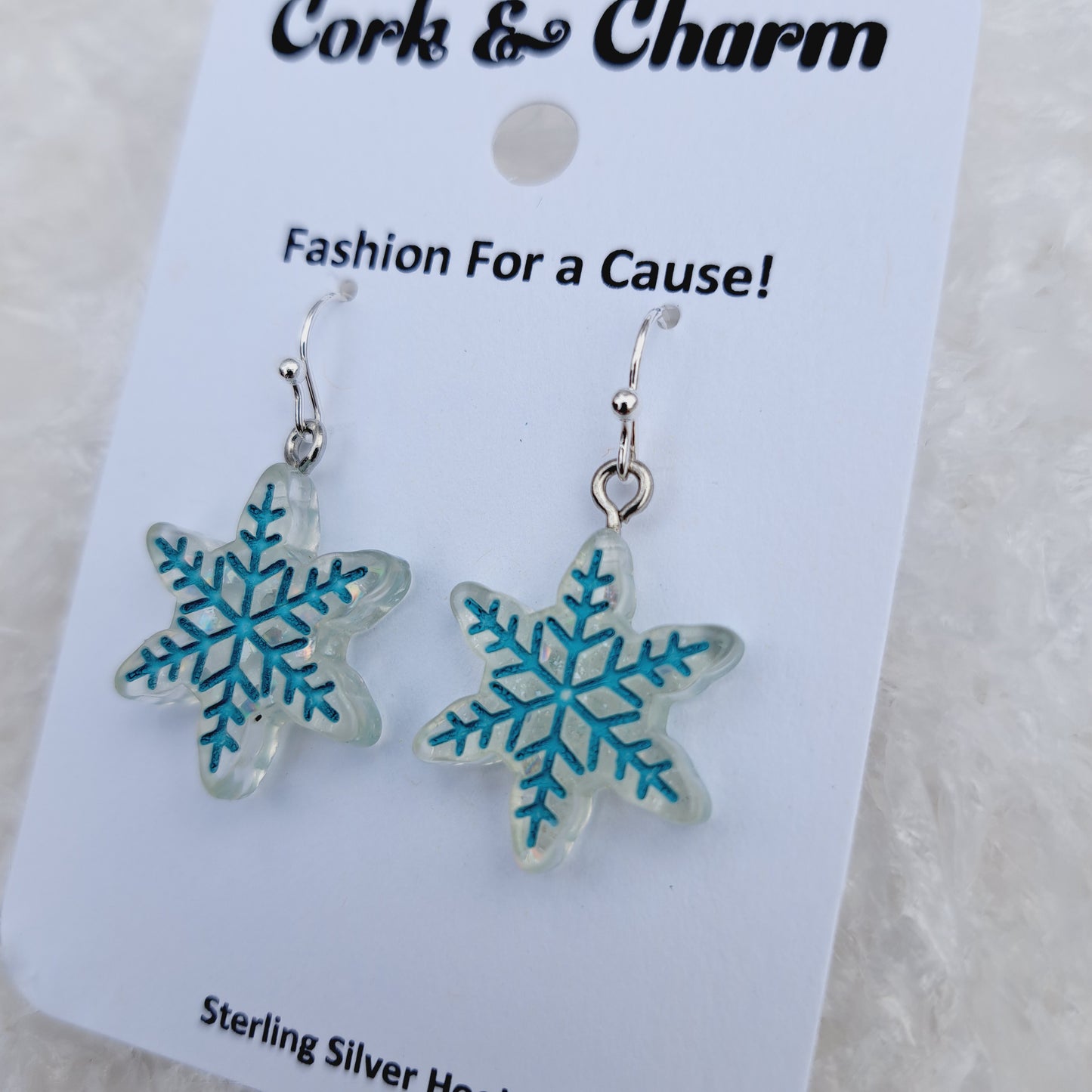 Teal and White Snowflake Resin Sterling Silver Earrings