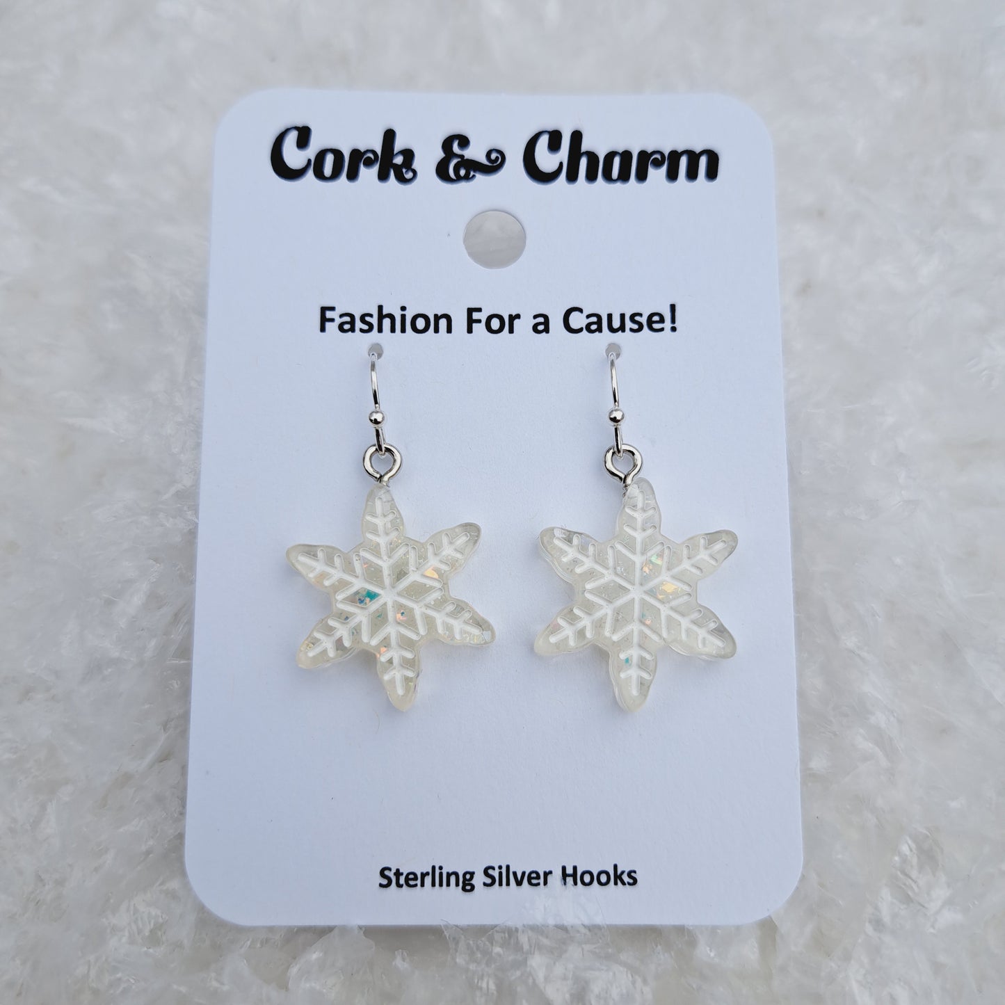 White Snowflake Resin Sterling Silver Earrings