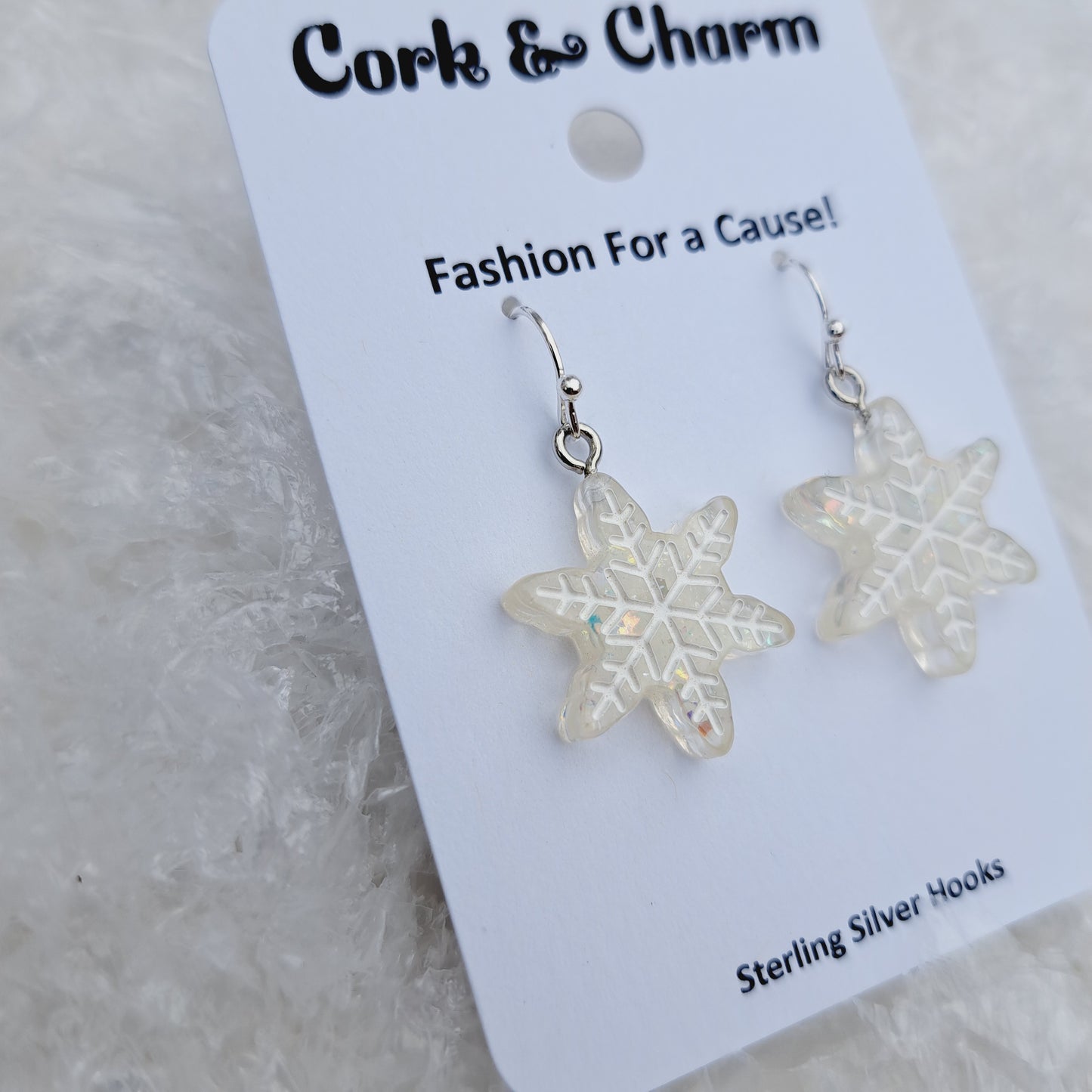 White Snowflake Resin Sterling Silver Earrings