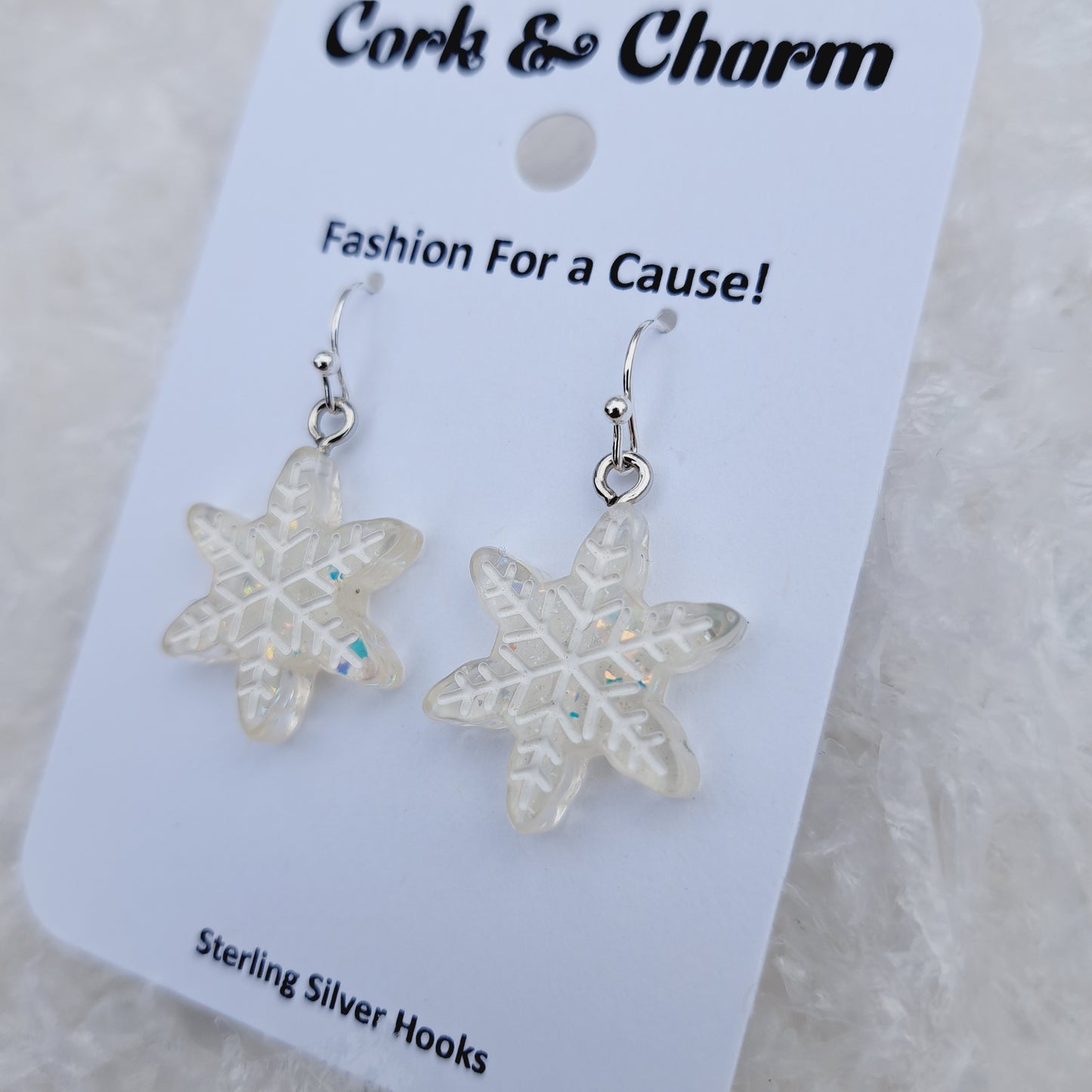 White Snowflake Resin Sterling Silver Earrings