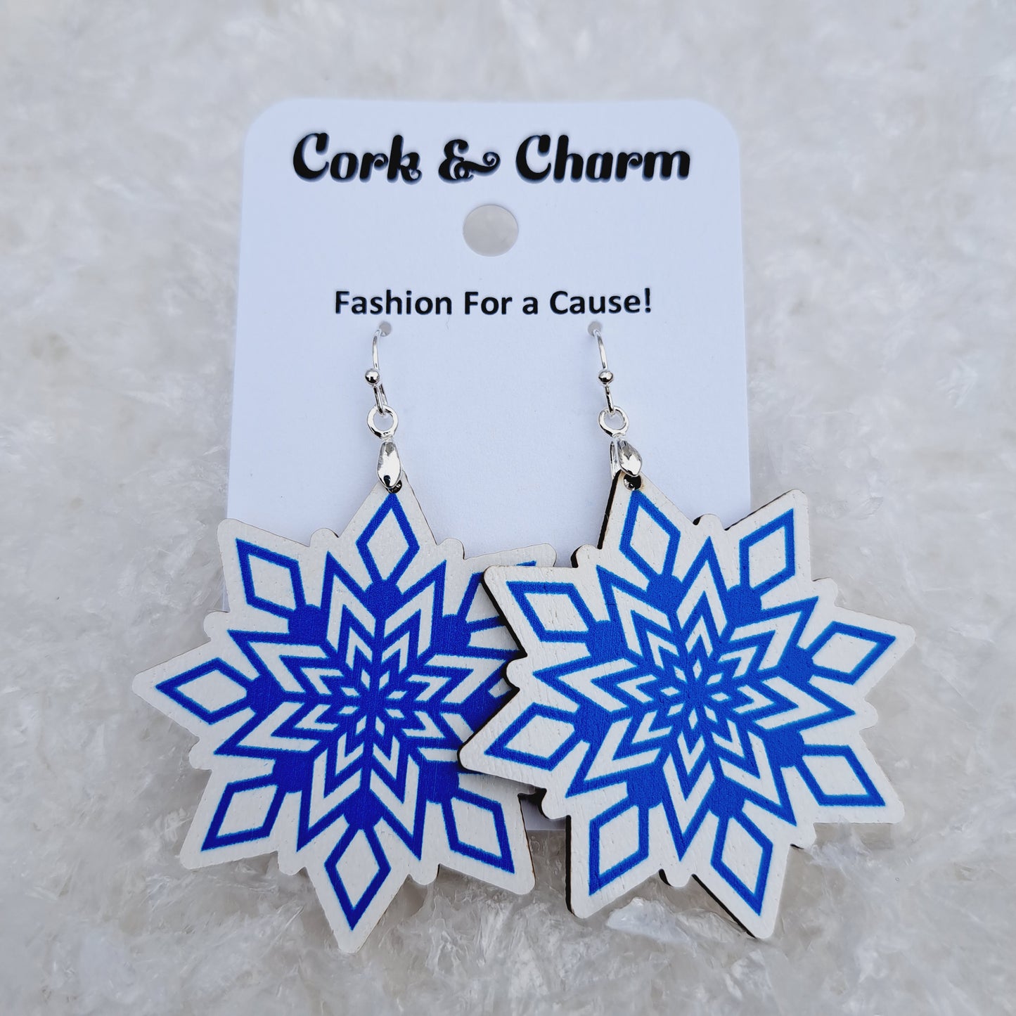 Blue and White Snowflake Wooden Sterling Silver Earrings