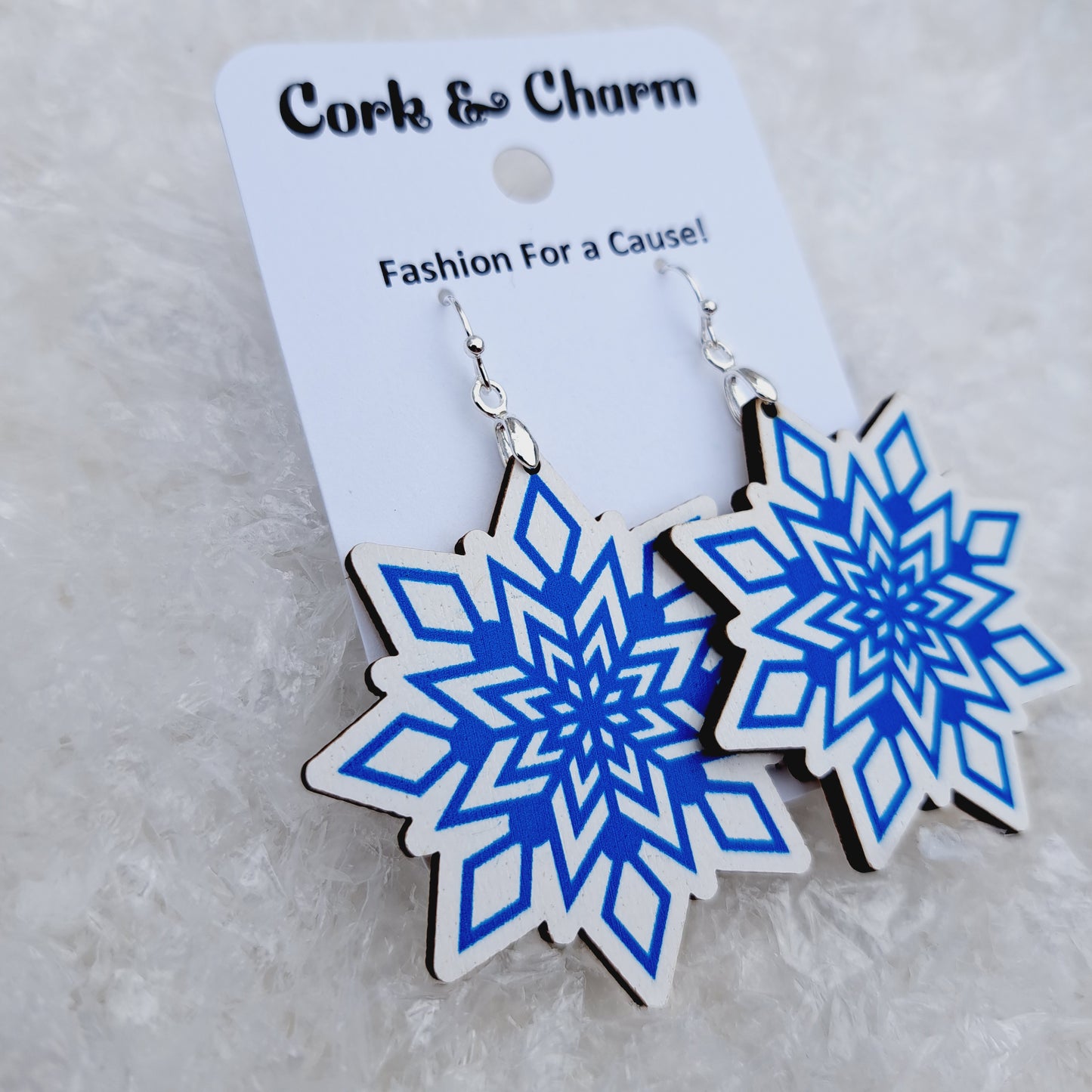 Blue and White Snowflake Wooden Sterling Silver Earrings