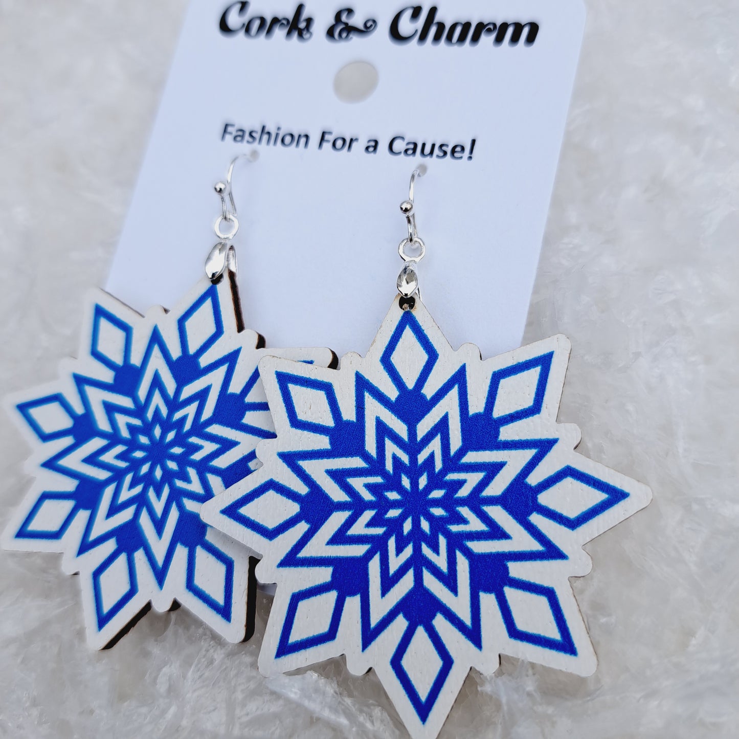 Blue and White Snowflake Wooden Sterling Silver Earrings