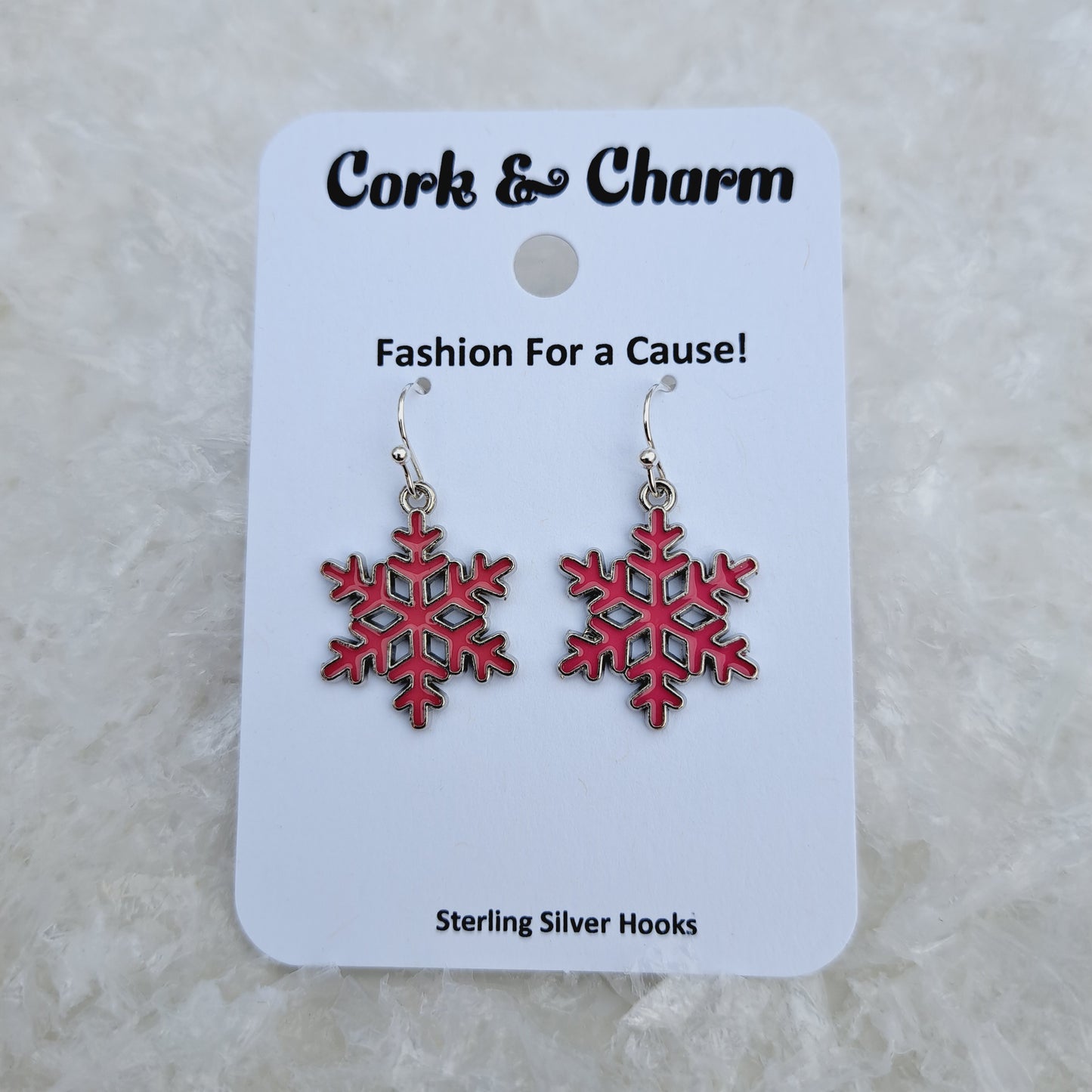 Dark Pink Snowflake Enamel Sterling Silver Earrings