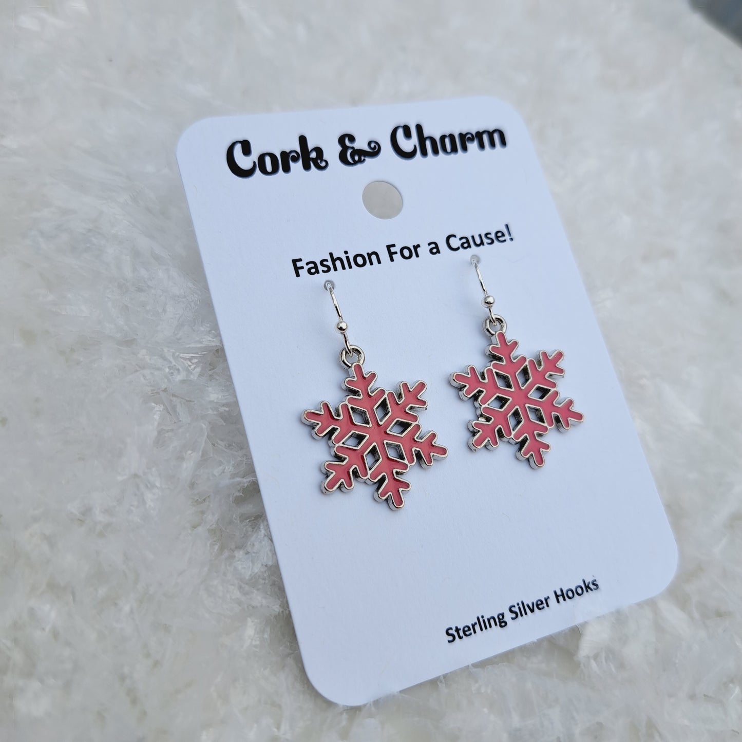 Dark Pink Snowflake Enamel Sterling Silver Earrings