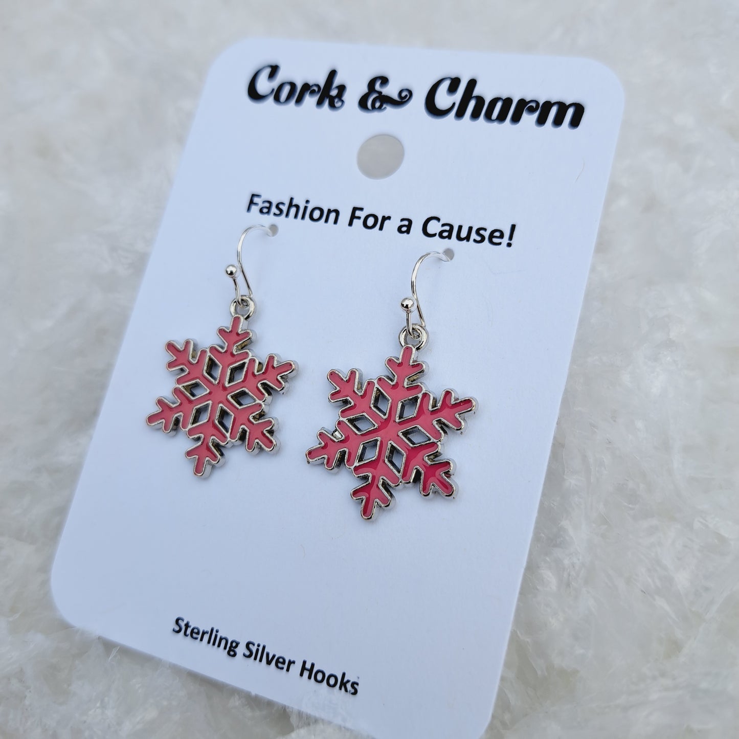 Dark Pink Snowflake Enamel Sterling Silver Earrings