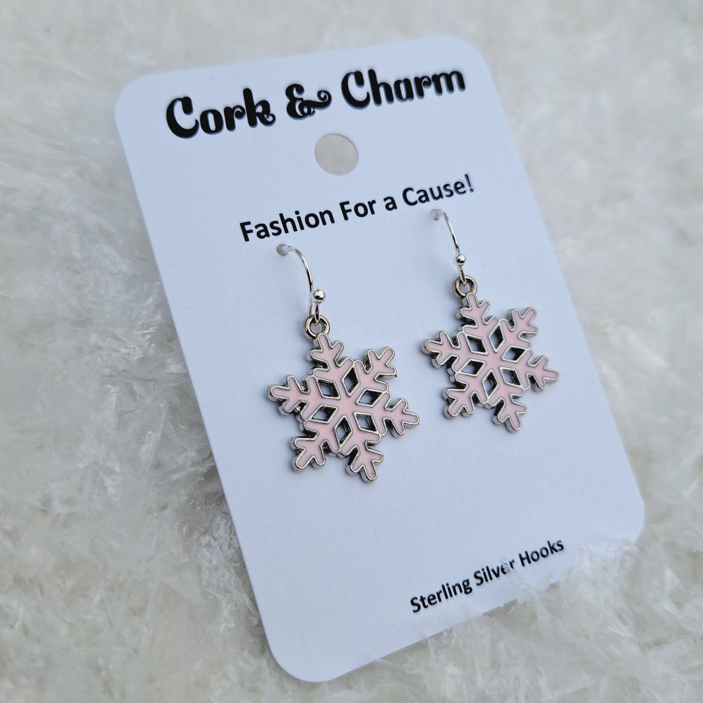 Light Pink Snowflake Enamel Sterling Silver Earrings