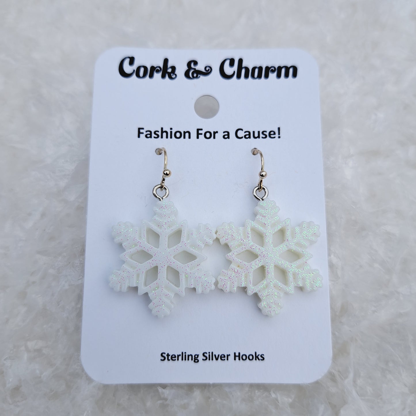 White Sparkle Snowflake Resin Sterling Silver Earrings