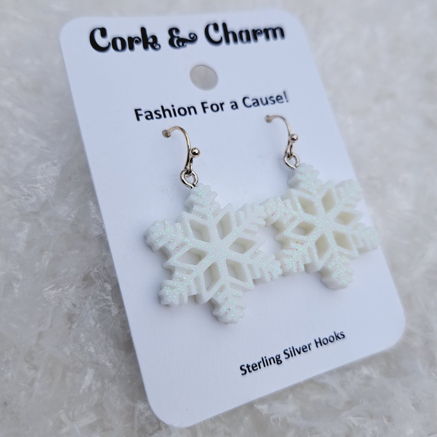 White Sparkle Snowflake Resin Sterling Silver Earrings