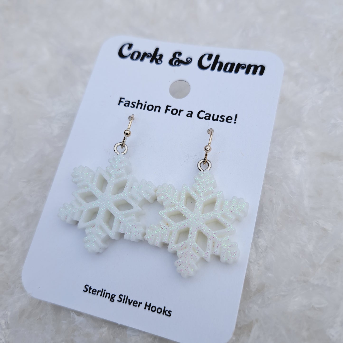 White Sparkle Snowflake Resin Sterling Silver Earrings