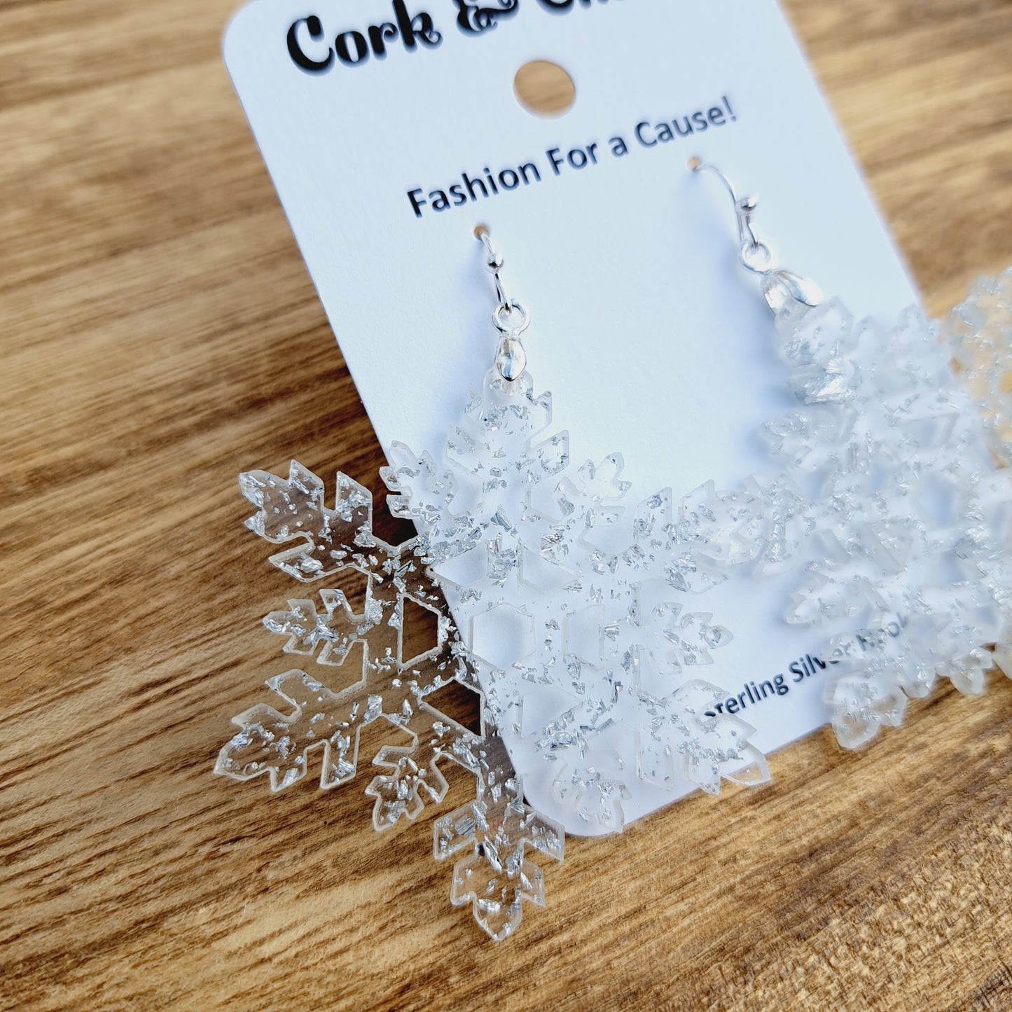 Clear Sparkle Snowflake Acrylic Sterling Silver Earrings