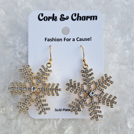 Fuzzy Sparkle Gold Snowflake Rhinestone Gold Earrings