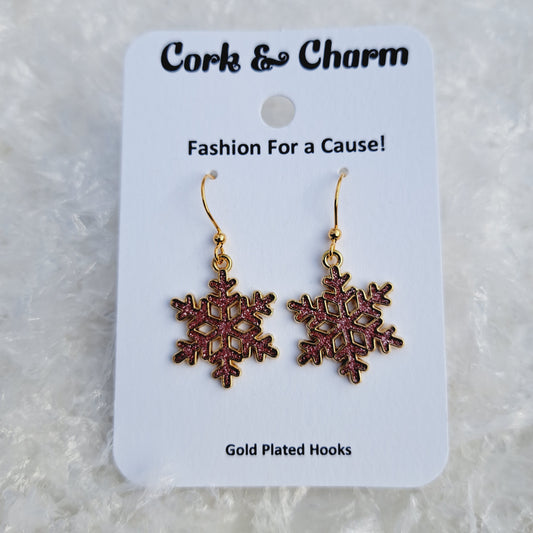 Pink Sparkle Snowflake Enamel Gold Earrings