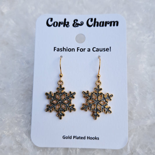 White Sparkle Snowflake Enamel Gold Earrings