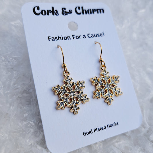 White Sparkle Snowflake Enamel Gold Earrings