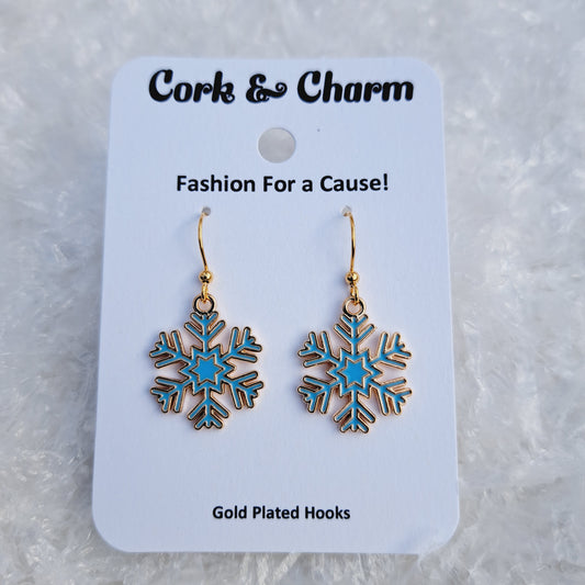 Blue Snowflake Enamel Gold Earrings