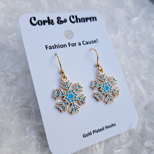 Blue Snowflake Enamel Gold Earrings