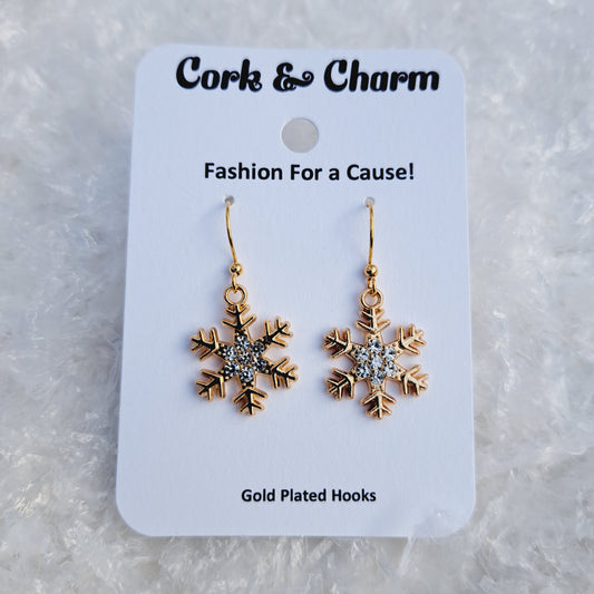 Gold Rhinestone Snowflake Enamel Gold Earrings