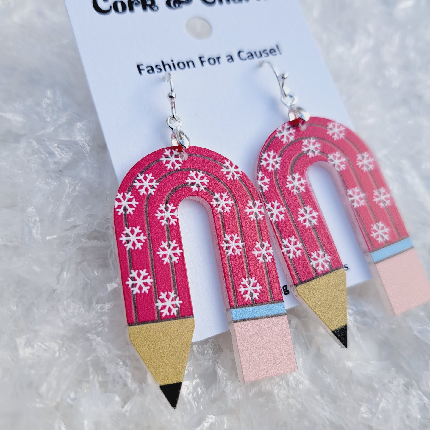 Snowflake Pencil Wooden Sterling Silver Earrings