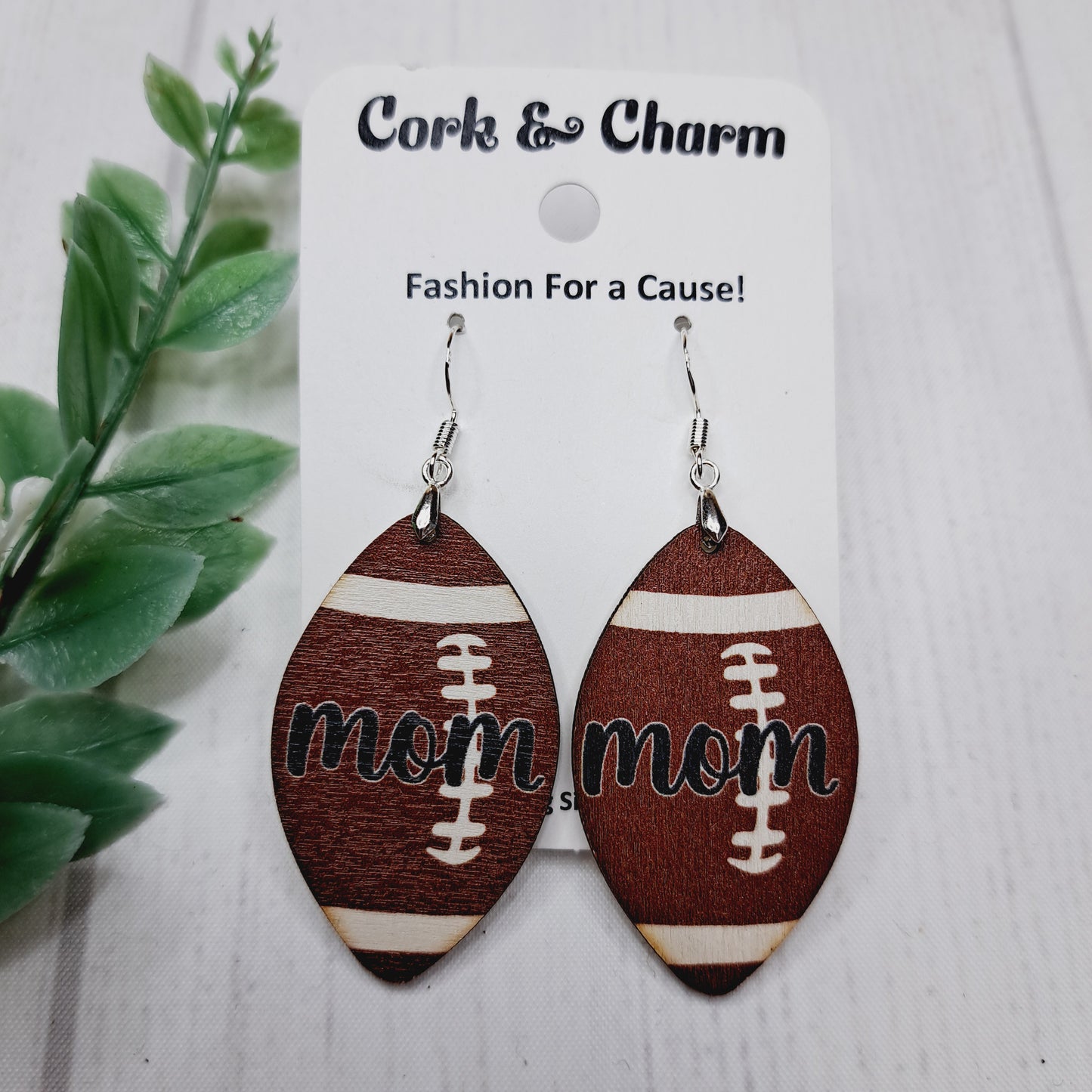 Football Mom Wooden Sterling Silver Earrings