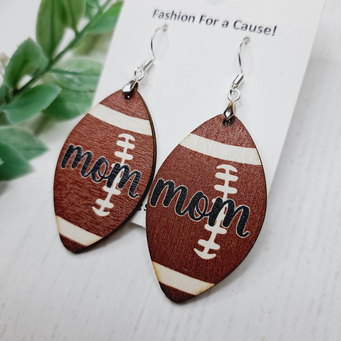 Football Mom Wooden Sterling Silver Earrings