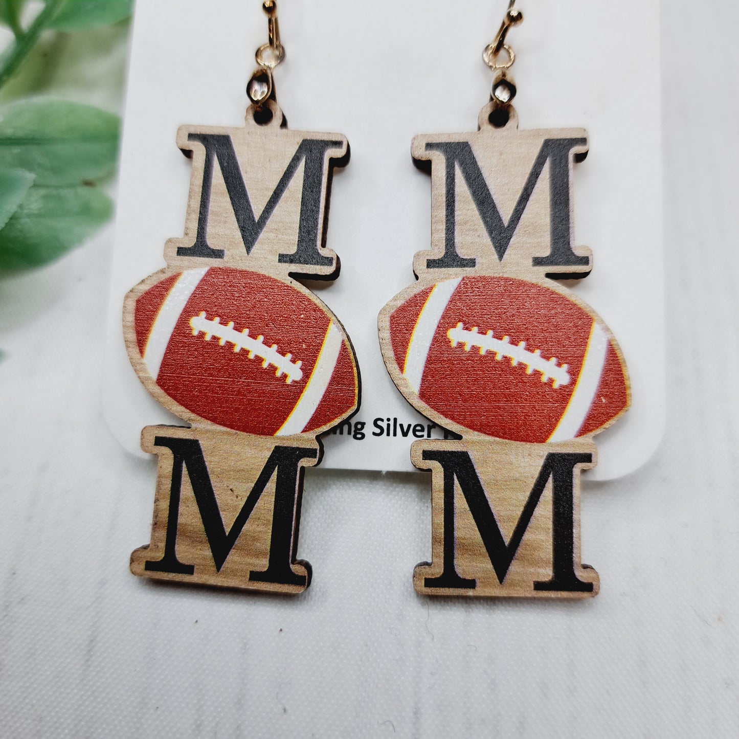 Football Mom Wooden Sterling Silver Earrings