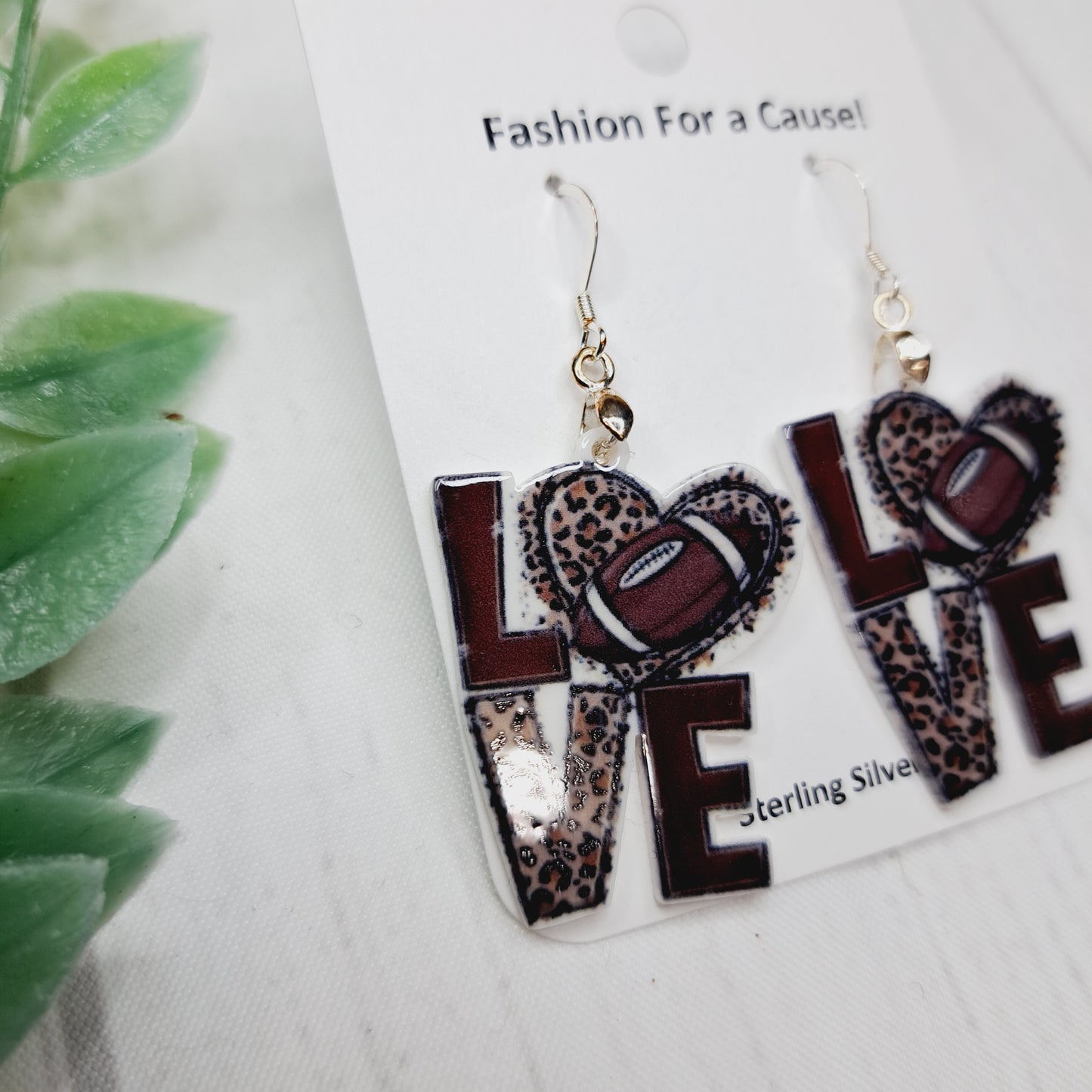 Leopard Print Love Heart Football Ball Acrylic Sterling Silver Earrings