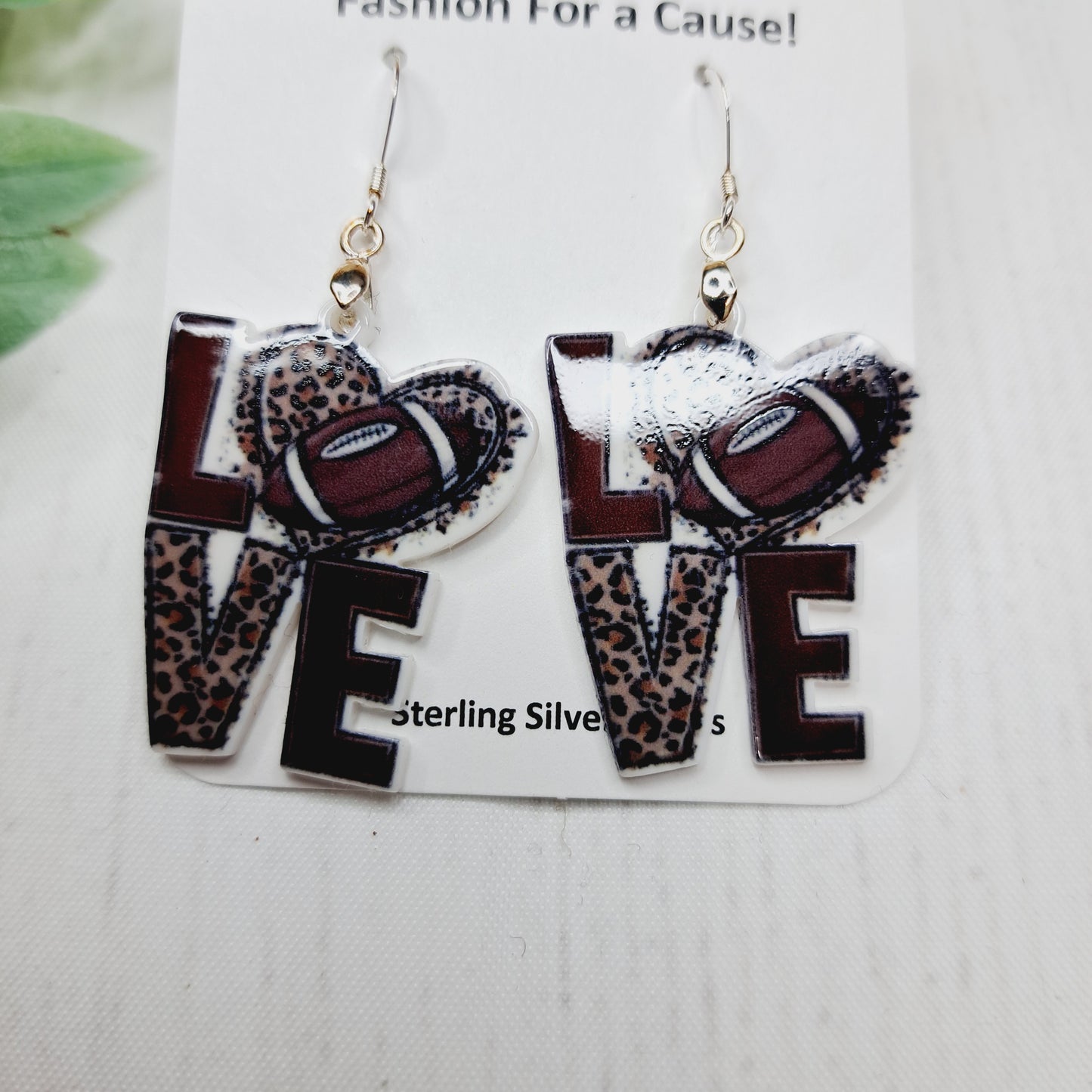 Leopard Print Love Heart Football Ball Acrylic Sterling Silver Earrings