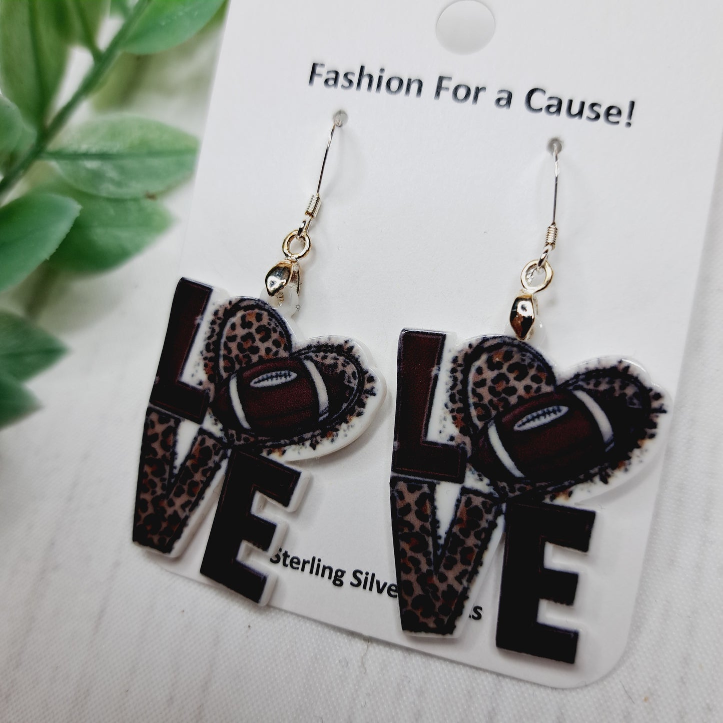 Leopard Print Love Heart Football Ball Acrylic Sterling Silver Earrings