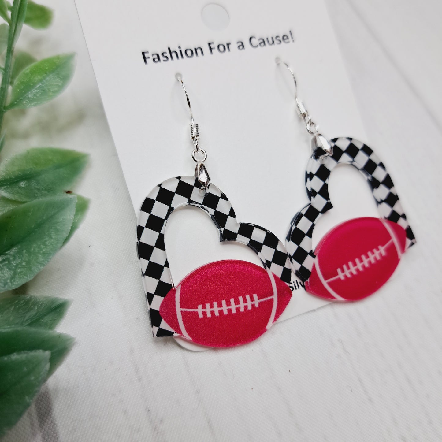 Black White Check Heart Football Acrylic Sterling Silver Earrings